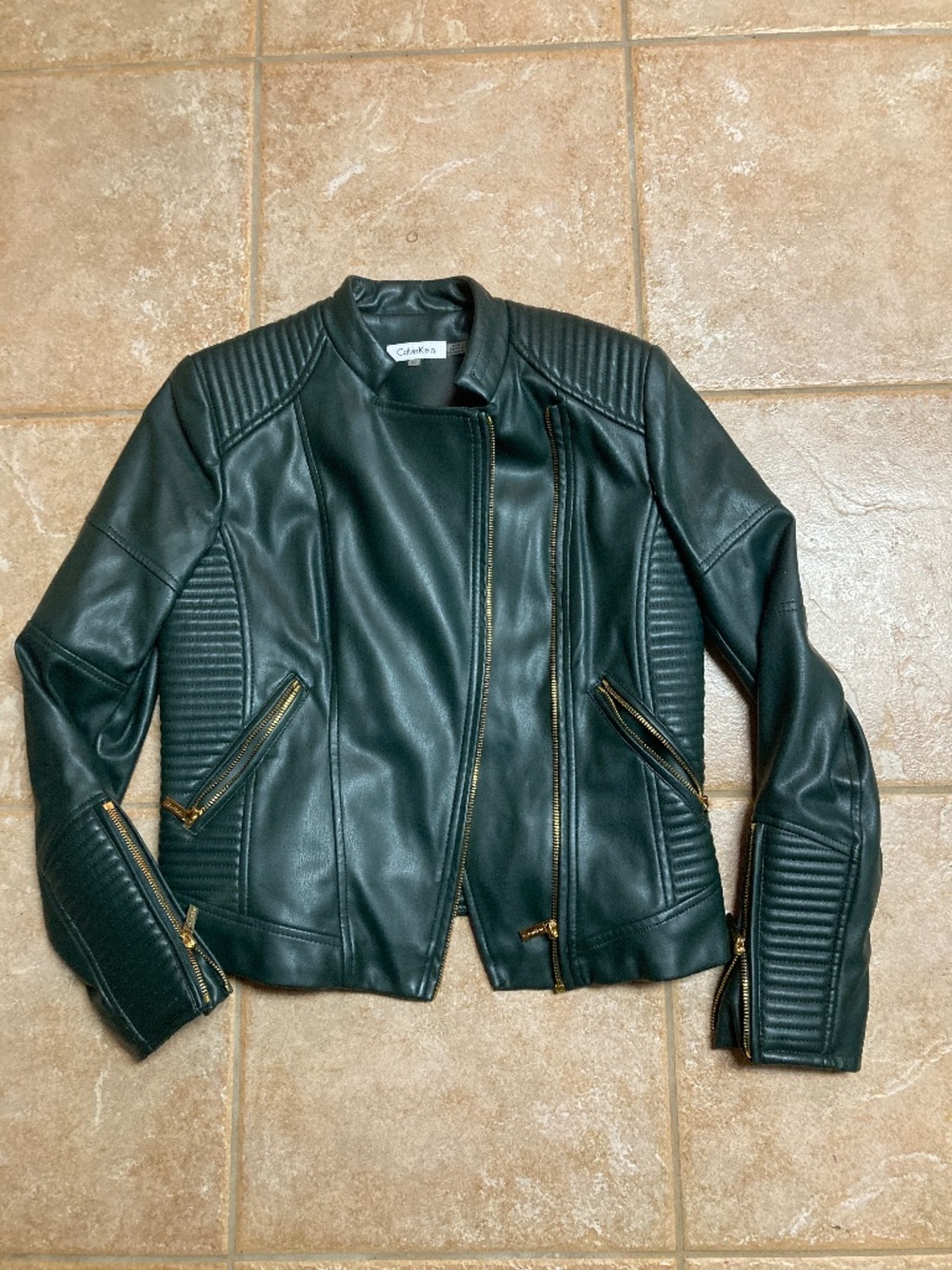 Calvin Klein Green Faux Leather Moto Jacket Sz XS